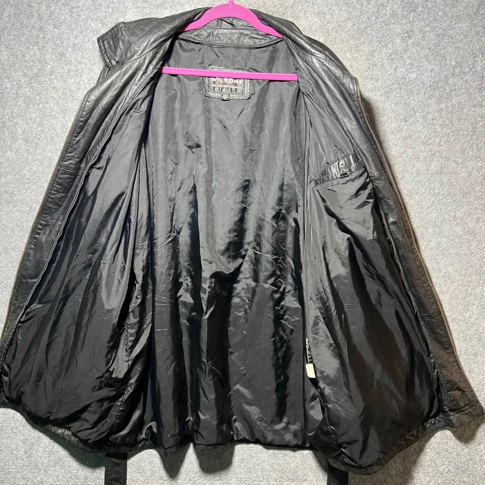 Vintage 90s Wilsons Black Leather Car Coat Belted Utility Jacket Men's XL